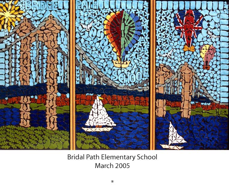 mosaic of hot air balloons, sail boats and suspension bridge
