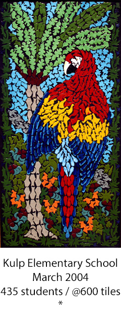 pottery mosaic of a palm tree with a macaw